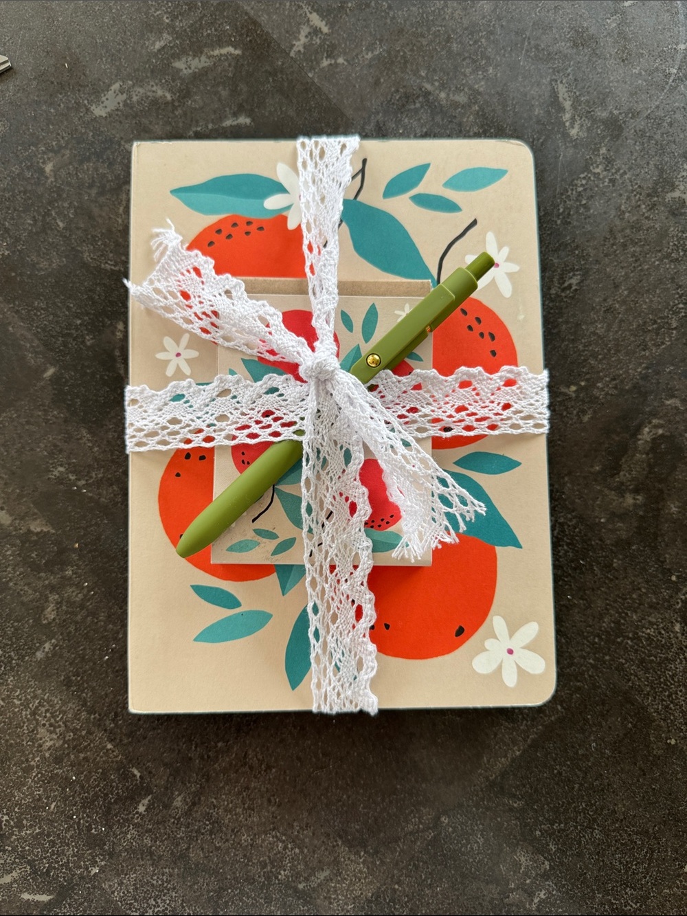 Orange Motif Hardcover Notebook Set with Olive Green Gel Ink Pen